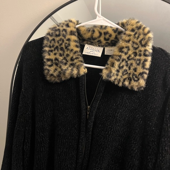 Basic Editions Black Teddy Jacket with Leopard Print Collar - Picture 3 of 4